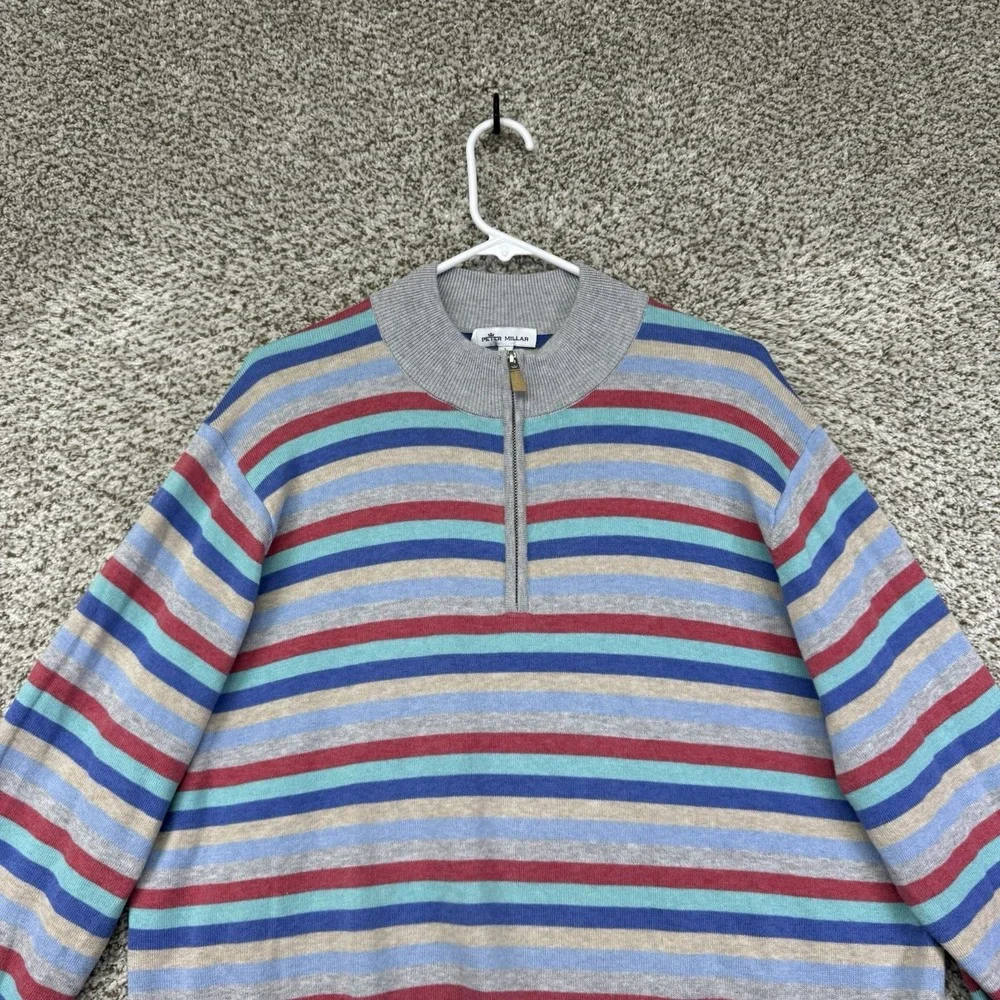 Peter Millar Sweater Men's Large Striped 1/4 Zip Pima Cotton Silk Cashmere Knit - Picture 5 of 15